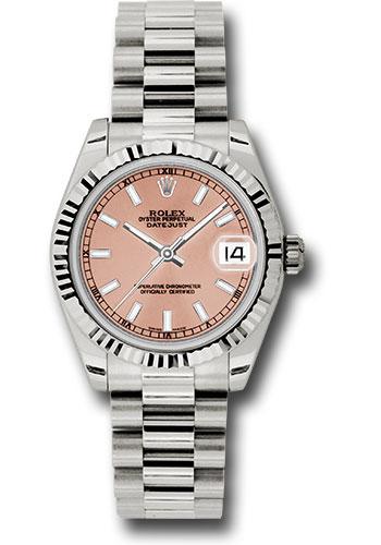 Pre-owned Rolex White Gold Datejust 31 Watch - Fluted Bezel - Pink Index Dial - President Bracelet - 178279 pip