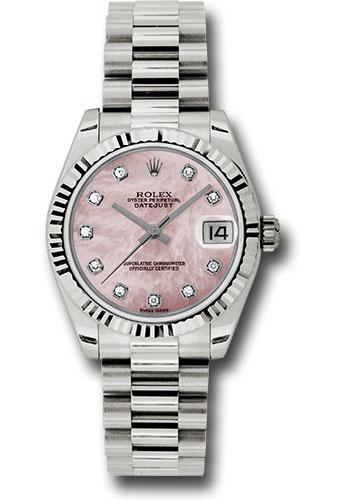Pre-owned Rolex White Gold Datejust 31 Watch - Fluted Bezel - Pink Mother-Of-Pearl Diamond Dial - President Bracelet...
