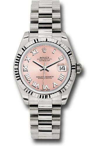 Pre-owned Rolex White Gold Datejust 31 Watch - Fluted Bezel - Pink Roman Dial - President Bracelet - 178279 prp