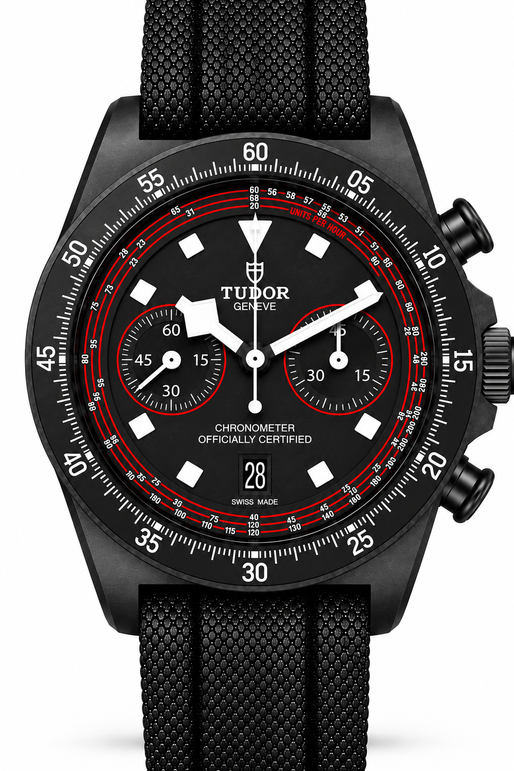 Tudor Pelagos FXD Chrono Cycling Edition 43mm Black Carbon Case, Black Dial with Red Accents, Black Fabric Strap, Reference 25827KN