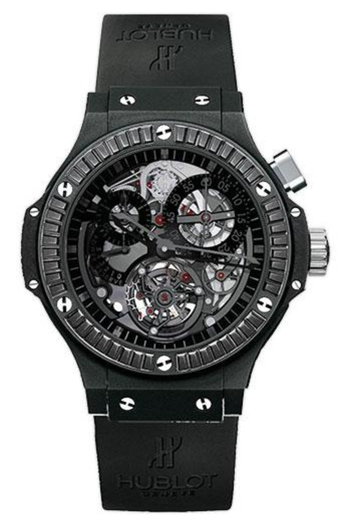 Hublot Bigger Bang All Black Diamond Tourbillon Chronograph 44mm Matte black ceramic, Black skeleton dial and Black rubber with deployant clasp, reference 308.CI.134.RX.190