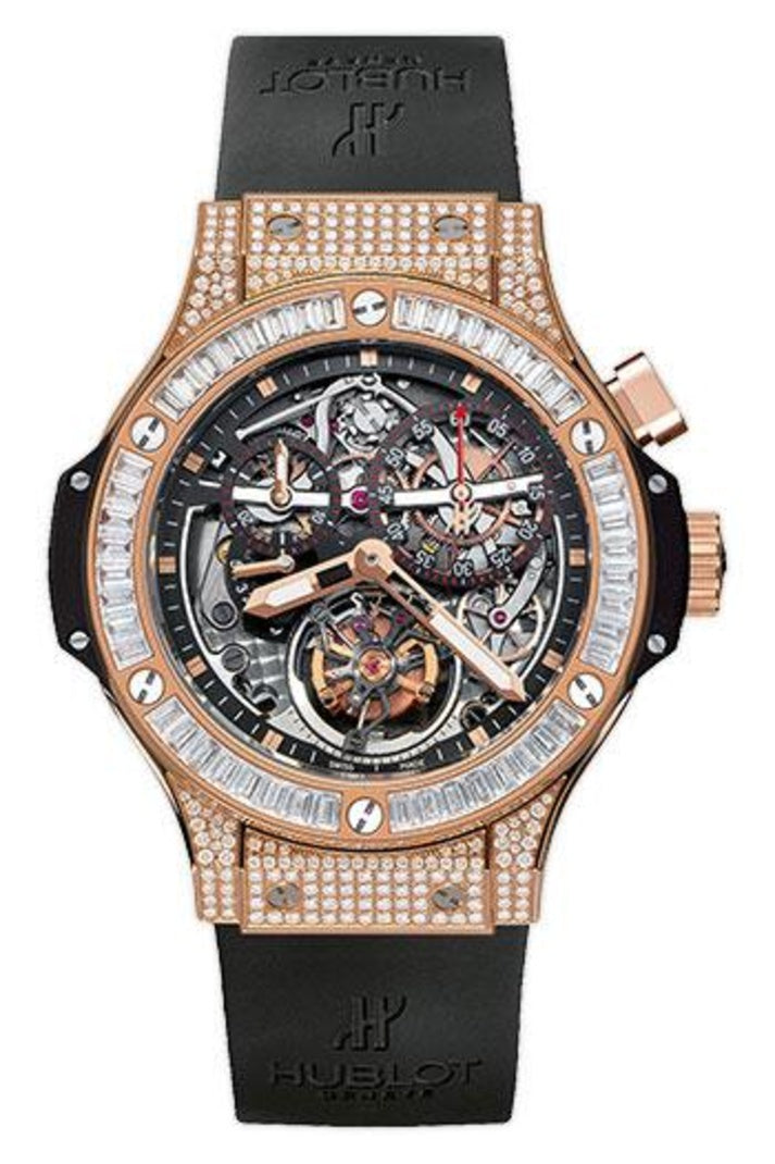 Hublot Bigger Bang Tourbillon Red Gold Diamond 44mm 18K red gold case with diamond setting, Black dial and Black rubber with deployant clasp, reference 308.PX.130.RX.094