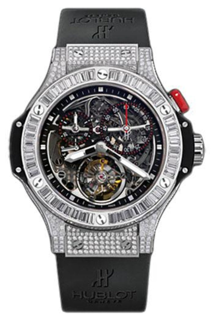 Hublot Bigger Bang Platinum Diamond Tourbillon Chronograph 44mm Diamond-set platinum, Black skeleton dial and Black rubber with deployant clasp, reference 308.TX.130.RX.094