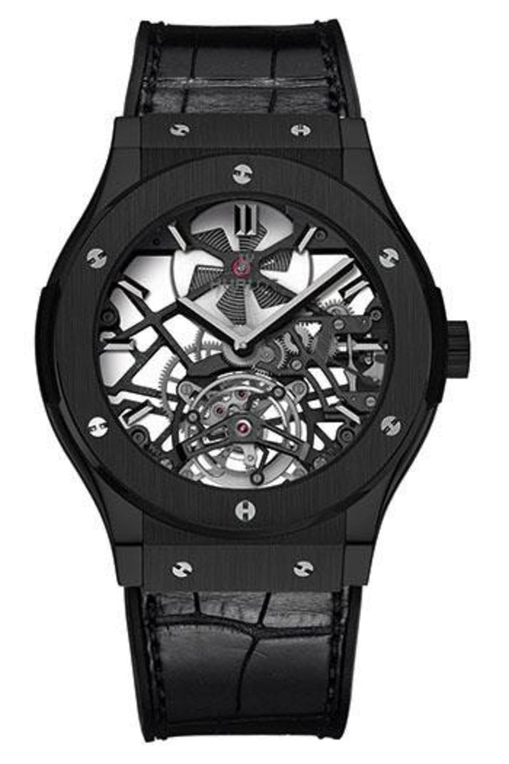 Hublot Classic Fusion Skeleton Tourbillon All Black, 45mm Sapphire skeleton with black-plated hands dial, Black rubber and alligator leather, ref 505.CM.0140.LR