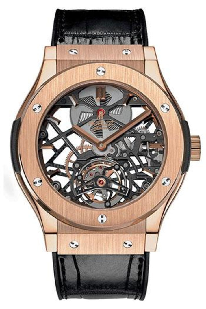 Hublot Classic Fusion Skeleton Tourbillon King Gold, 45mm Sapphire skeleton dial, Black rubber and alligator leather, ref 505.OX.0180.LR