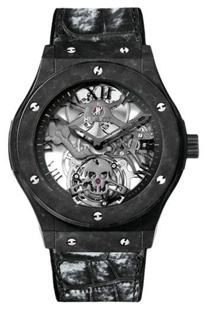 Hublot Classic Fusion Black Skull Tourbillon, 45mm Sapphire skeleton with black-plated hands dial, Black rubber and distressed alligator leather, ref 505.UC.0140.LR.SKULL