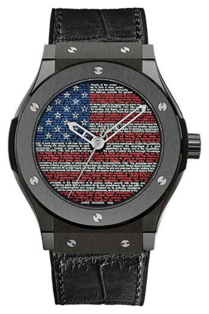 Hublot Classic Fusion Liberty Bang USA Limited Edition 45mm Black sapphire featuring US Constitution quotations and American flag colors dial Black rubber and alligator leather, reference 511.CM.1190.GR.USA11