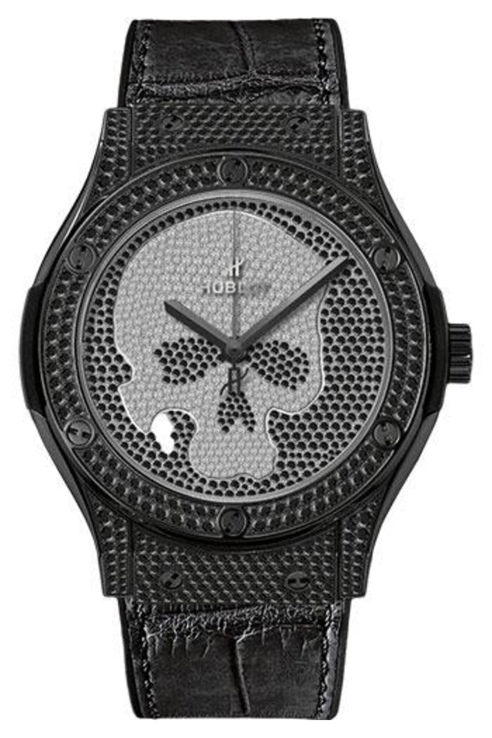 Hublot Classic Fusion Skull Black Full Pavé, 45mm Black PVD 18K white gold with white and black diamond-set skull motif dial, Black rubber and distressed alligator leather, ref 511.ND.9100.LR.1700.SKULL
