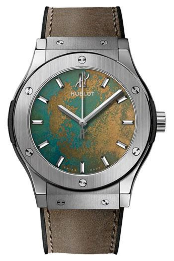 Hublot Classic Fusion Vendôme 45mm Verdigris bronze with green and gilt marbling dial on Black rubber and vintage brown calf leather, reference 511.NX.0630.VR.VEN16