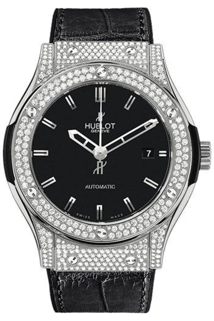 Hublot Classic Fusion Titanium Pavé 45mm Matte black dial on Black rubber and alligator leather, reference 511.NX.1170.LR.1704