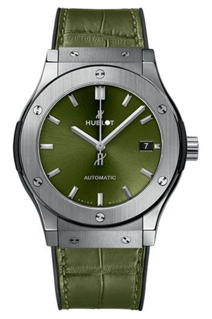 Hublot Classic Fusion Titanium Green 45mm Green sunray dial Black rubber and green alligator leather reference 511.NX.8970.LR