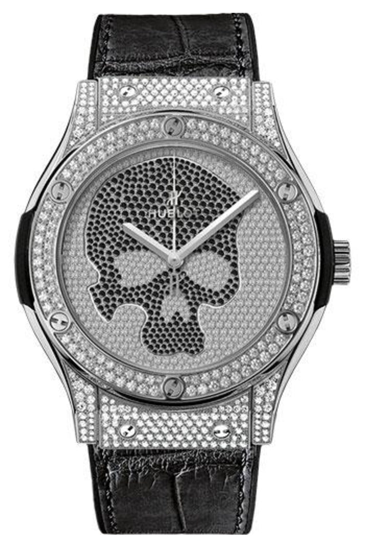 Hublot Classic Fusion Skull Titanium Full Pavé, 45mm 18K white gold with white and black diamond-set skull motif dial, Black rubber and distressed alligator leather, ref 511.NX.9000.LR.1704.SKULL