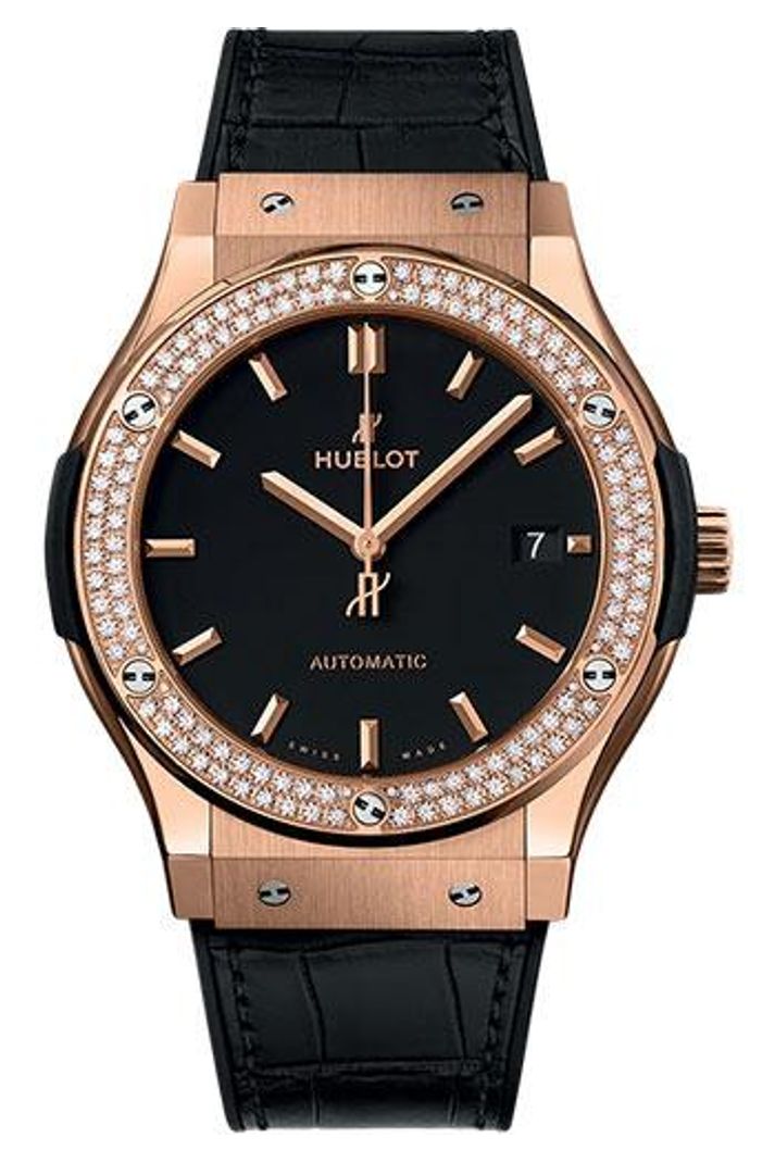 Hublot Classic Fusion King Gold Diamond Bezel 45mm Matte black dial Black rubber and alligator leather reference 511.OX.1181.LR.1104