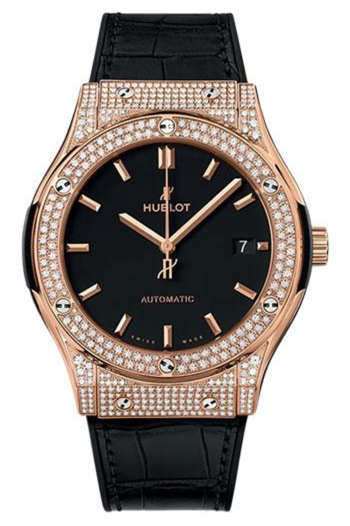 Hublot Classic Fusion King Gold Pavé Black 45mm Matte black dial Black rubber and alligator leather, reference 511.OX.1181.LR.1704