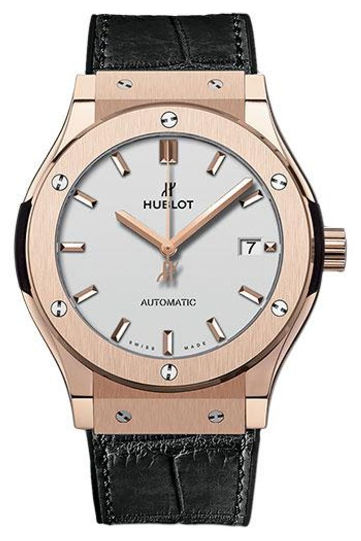Hublot Classic Fusion King Gold Silver Opaline 45mm Silver opaline dial Black rubber and alligator leather, reference 511.OX.2611.LR