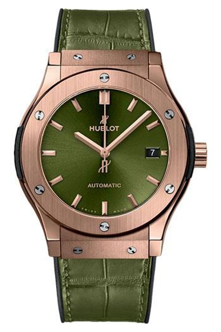 Hublot Classic Fusion King Gold Green 45mm Green sunray dial Black rubber and green alligator leather reference 511.OX.8980.LR