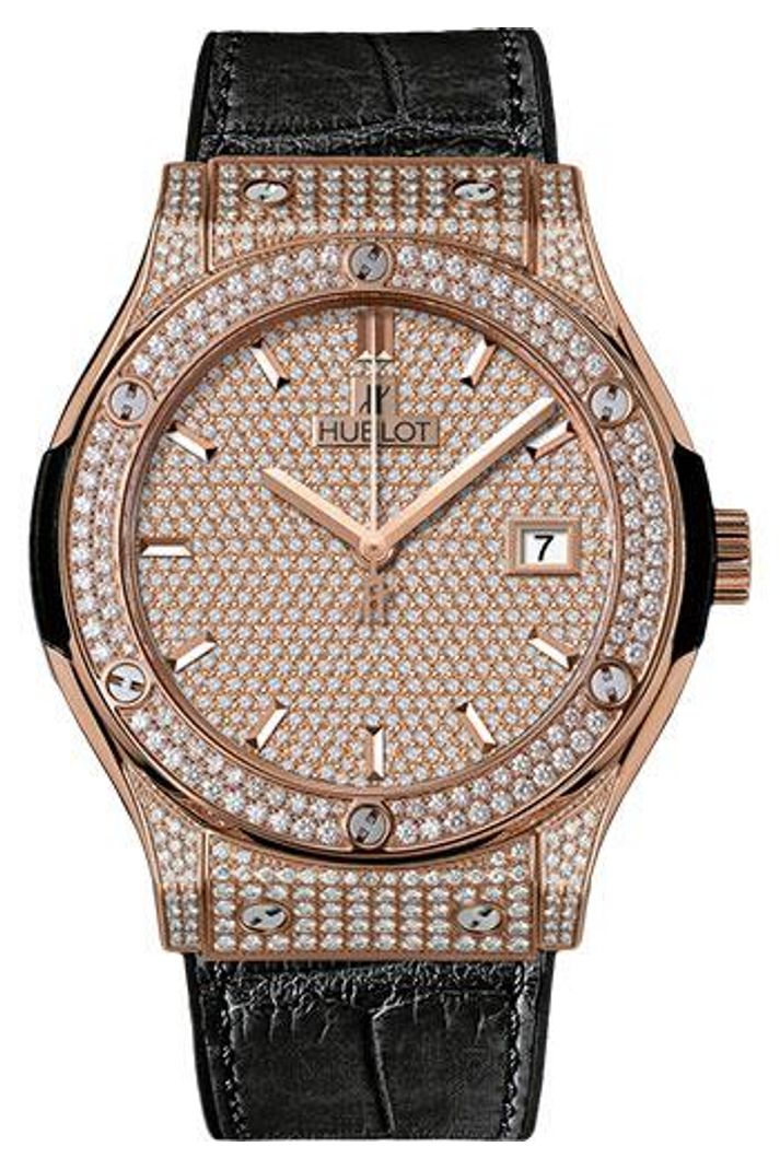 Hublot Classic Fusion King Gold Full Pavé 45mm 18K red gold with 609 diamonds (approx. 2.65 ct) dial Black rubber and alligator leather reference 511.OX.9010.LR.1704