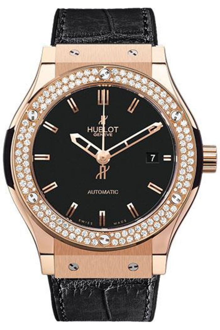 Hublot Classic Fusion Red Gold Diamond Bezel 45mm Matte black dial Black rubber and alligator leather reference 511.PX.1180.LR.1104