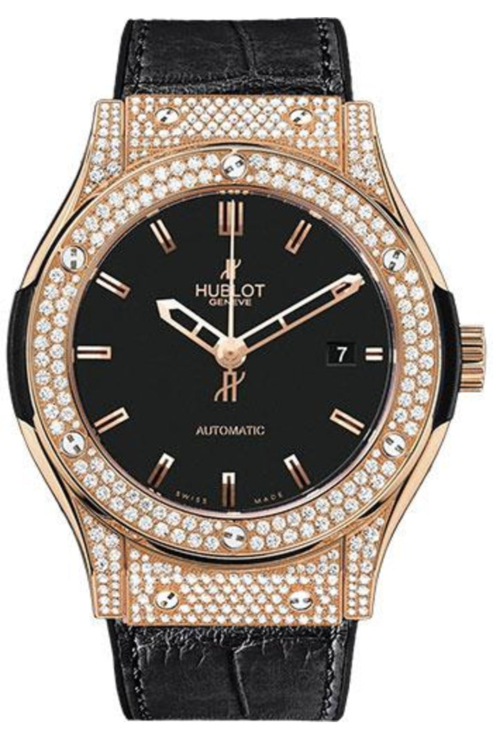 Hublot Classic Fusion Red Gold Pavé 45mm Matte black dial Black rubber and alligator leather reference 511.PX.1180.LR.1704