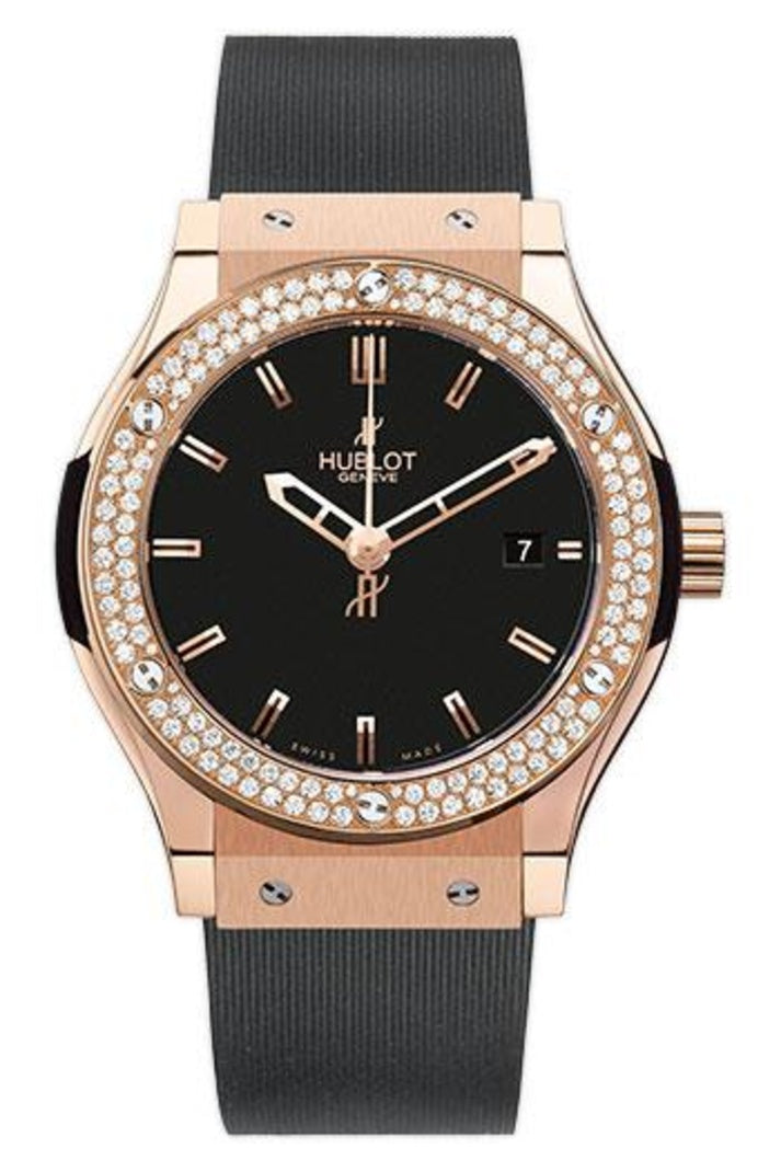 Hublot Classic Fusion Red Gold Diamond Bezel 45mm, Black dial on Black rubber, reference 511.PX.1180.RX.1104