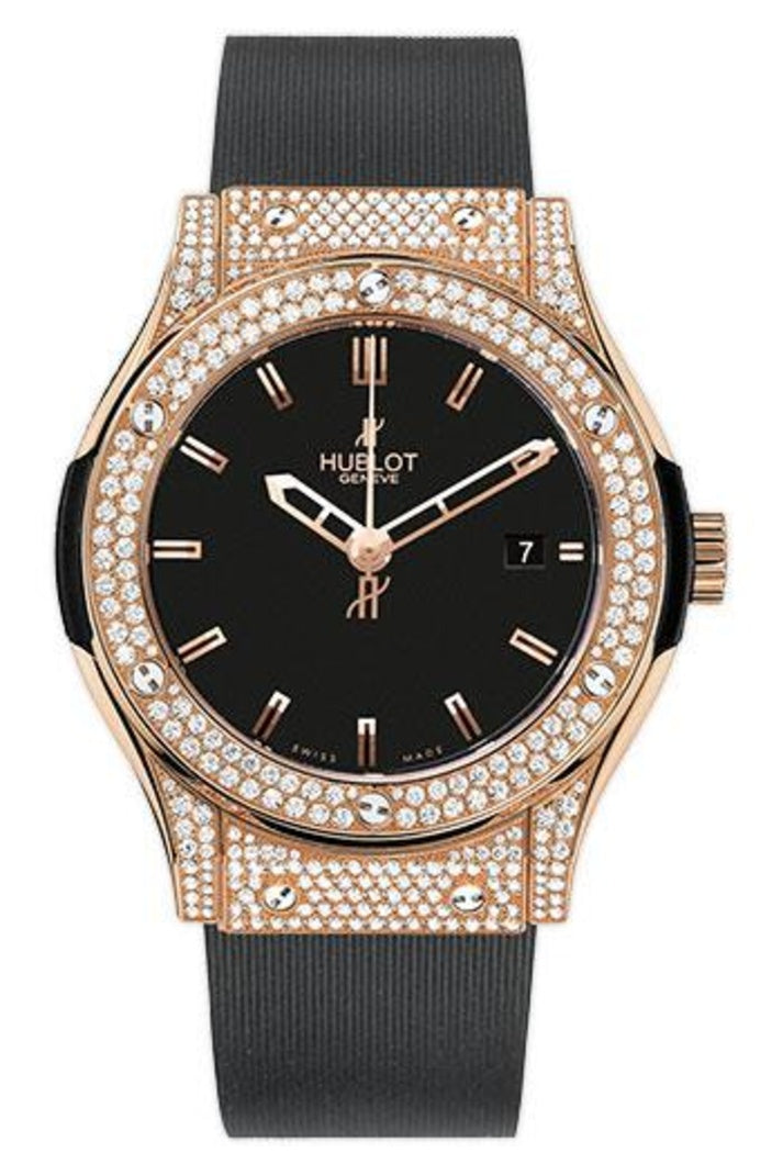 Hublot Classic Fusion Red Gold Pavé 45mm, Black dial on Black rubber, reference 511.PX.1180.RX.1704