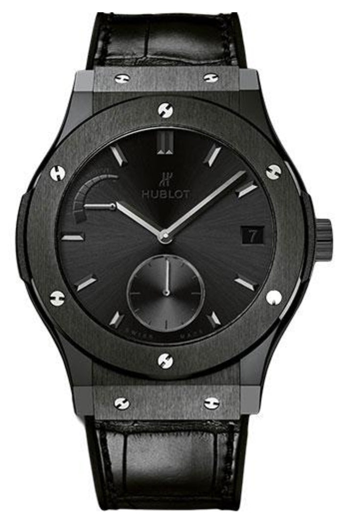 Hublot Classic Fusion Eight-Day Power Reserve All Black 45mm Black sunray dial, Black rubber and alligator leather, reference 516.CM.1440.LR