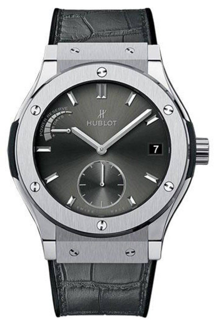 Hublot Classic Fusion Eight-Day Power Reserve Racing Grey 45mm Grey sunray dial Black rubber and alligator leather, reference 516.NX.7070.LR
