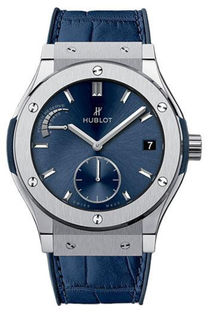 Hublot Classic Fusion Eight-Day Power Reserve Blue 45mm Blue sunray dial, Blue rubber and alligator leather, reference 516.NX.7170.LR