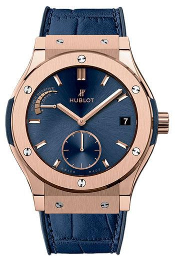 Hublot Classic Fusion Eight-Day Power Reserve Blue King Gold 45mm Blue sunray dial, Blue rubber and alligator leather, reference 516.OX.7180.LR