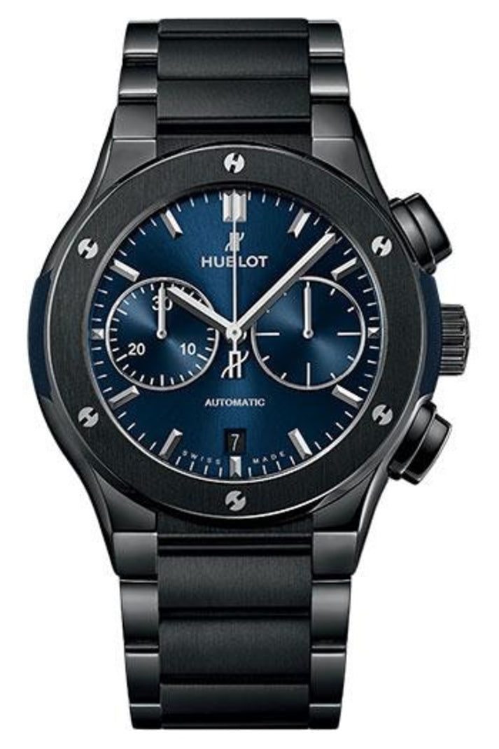 Hublot Classic Fusion Black Ceramic Blue Bracelet Chronograph 45mm Blue sunray dial, reference 520.CM.7170.CM