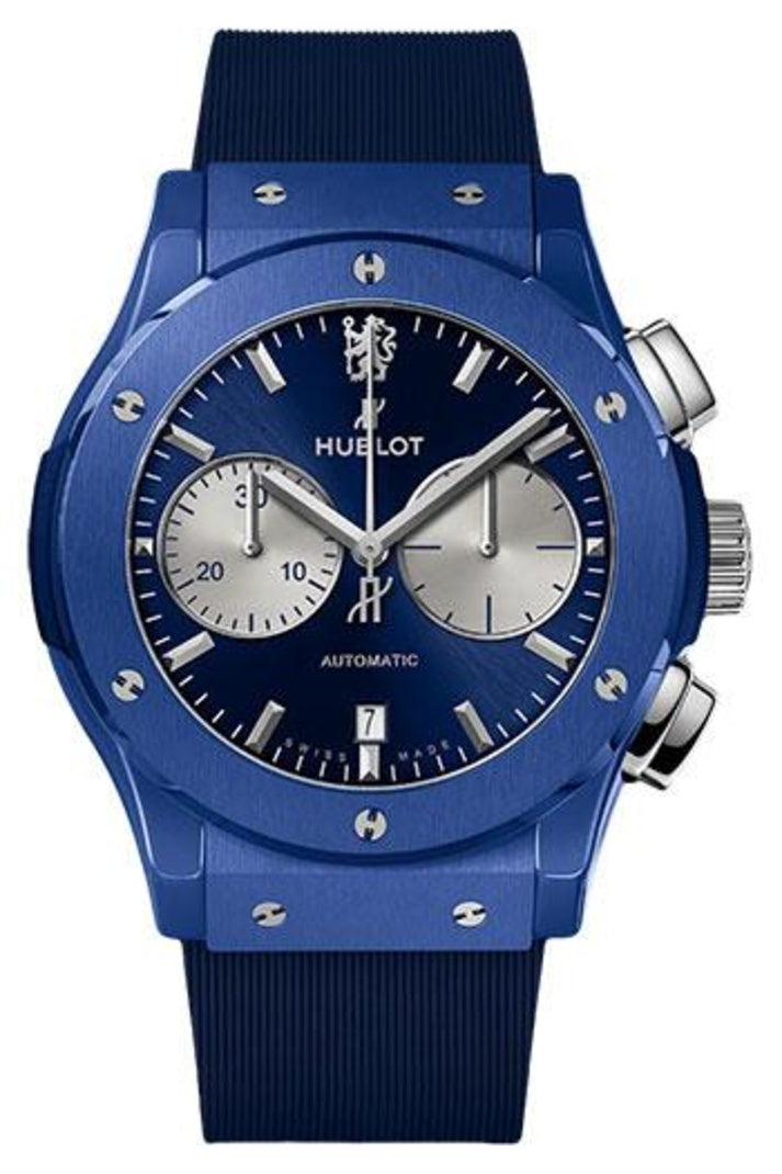 Hublot Classic Fusion Chelsea Blue Ceramic Chronograph 45mm Blue sunray with silver chronograph counters dial, reference 521.EX.7179.RX.CFC19