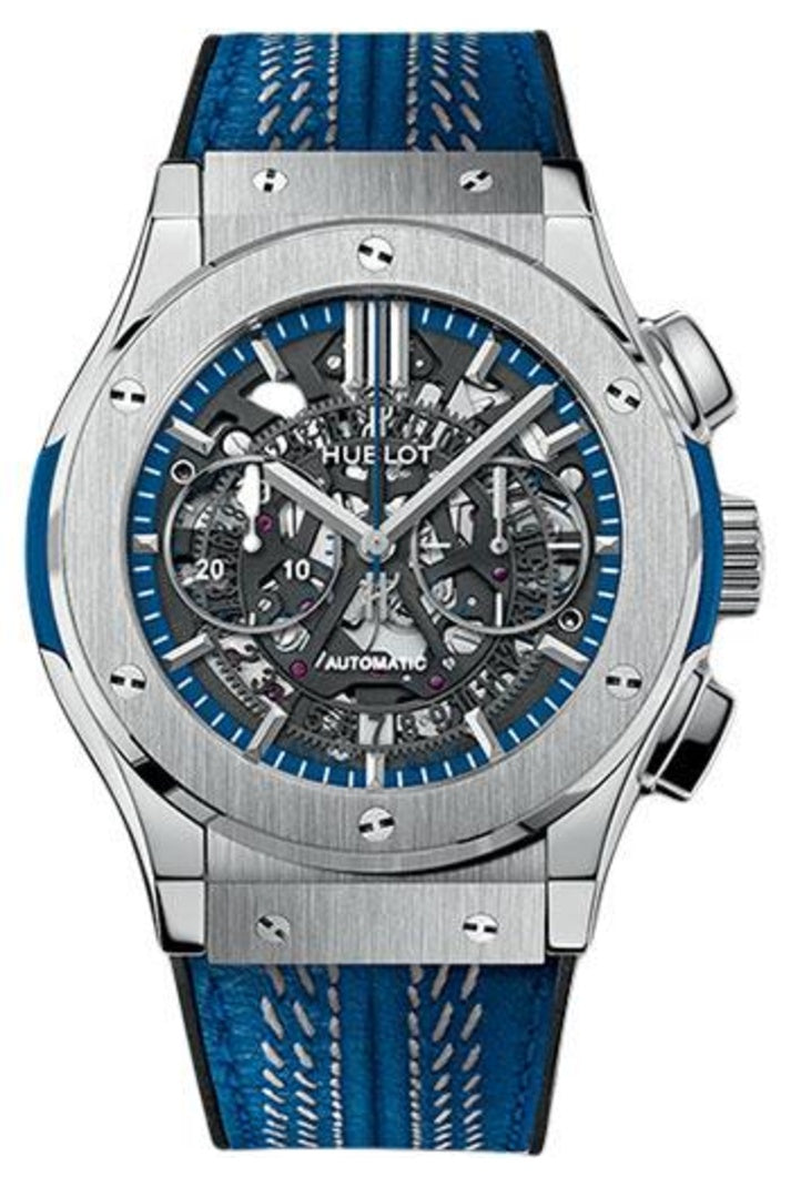 Hublot Classic Fusion ICC Limited Edition Chronograph, 45mm Sapphire with cricket bat-inspired chronograph counter hands dial with Black and blue rubber and calf leather, ref 525.NX.0129.VR.ICC16
