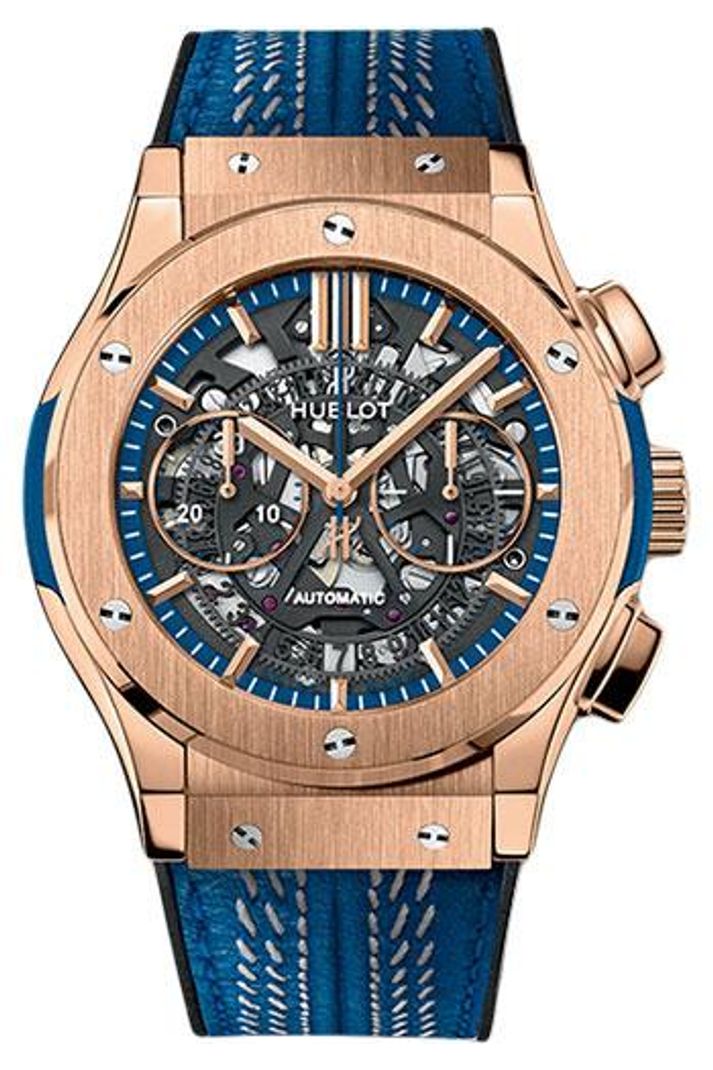 Hublot Classic Fusion King Gold ICC Skeleton Chronograph 45mm Sapphire skeleton with cricket bat-shaped counters dial Black and blue rubber and calf leather, reference 525.OX.0129.VR.ICC16