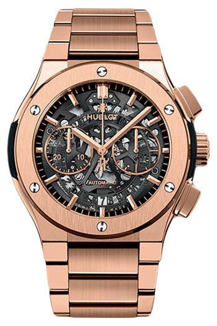 Hublot Classic Fusion King Gold Skeleton Chronograph Bracelet 45mm Sapphire skeleton dial 18K King Gold bracelet, ref 528.OX.0180.OX
