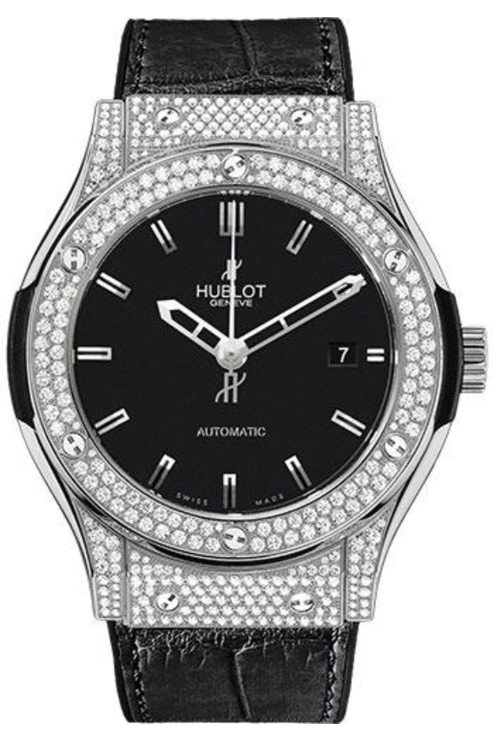 Hublot Classic Fusion Titanium Pavé 42mm Matte black dial, black rubber and alligator leather, reference 542.NX.1170.LR.1704