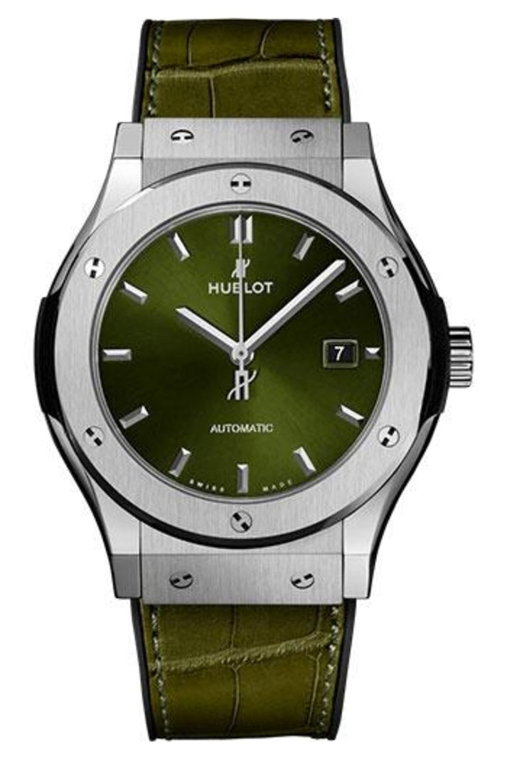 Hublot Classic Fusion Titanium Green, 42mm Green sunray dial with Black rubber and green alligator leather, ref 542.NX.8970.LR