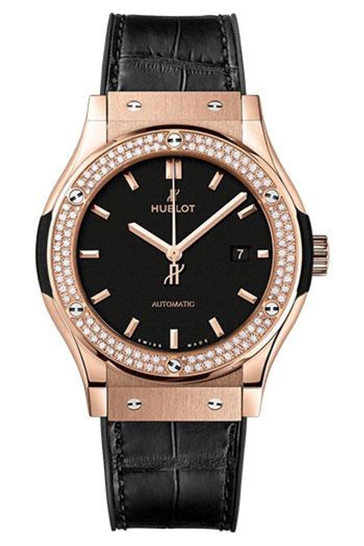 Hublot Classic Fusion King Gold Diamond Bezel 42mm Matte black dial Black rubber and alligator leather reference 542.OX.1181.LR.1104