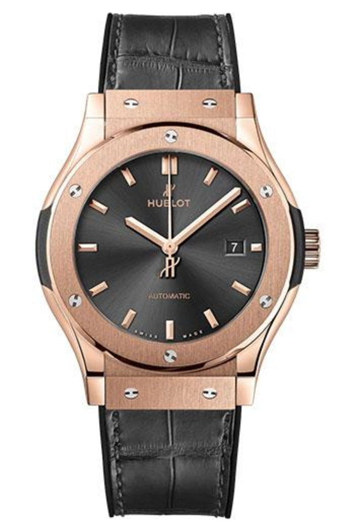 Hublot Classic Fusion Racing Grey King Gold, 42mm Grey sunray dial, Black rubber and grey alligator leather, ref 542.OX.7081.LR