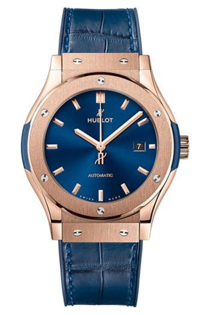 Hublot Classic Fusion King Gold Blue 42mm Blue sunray dial Blue rubber and alligator leather, reference 542.OX.7180.LR