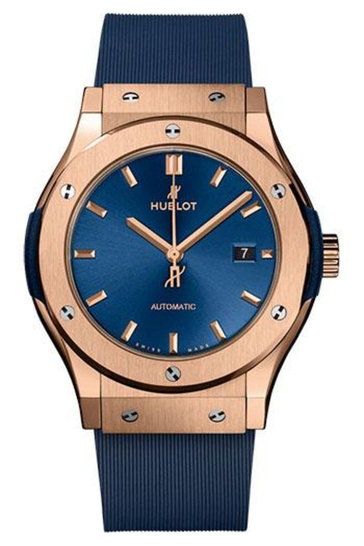 Hublot Classic Fusion King Gold Blue 42mm Blue sunray dial Blue lined rubber, reference 542.OX.7180.RX