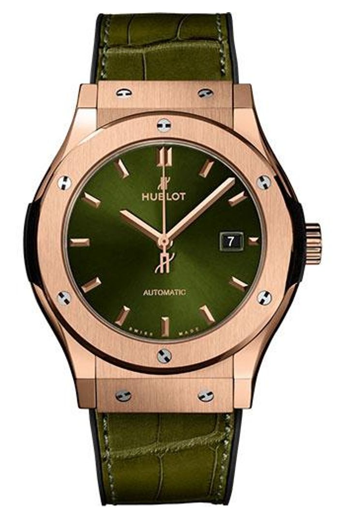Hublot Classic Fusion King Gold Green 42mm Green sunray dial Black rubber and green alligator leather, reference 542.OX.8980.LR