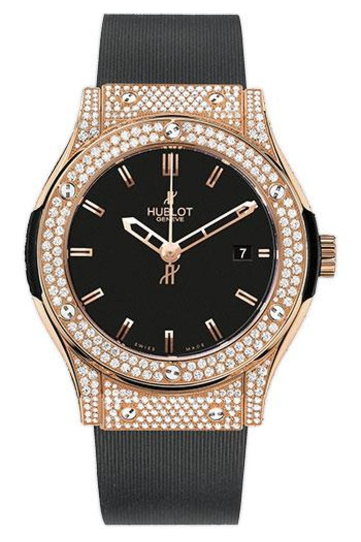 Hublot Classic Fusion Red Gold Pavé 42mm, Black dial on Black rubber, reference 542.PX.1180.RX.1704
