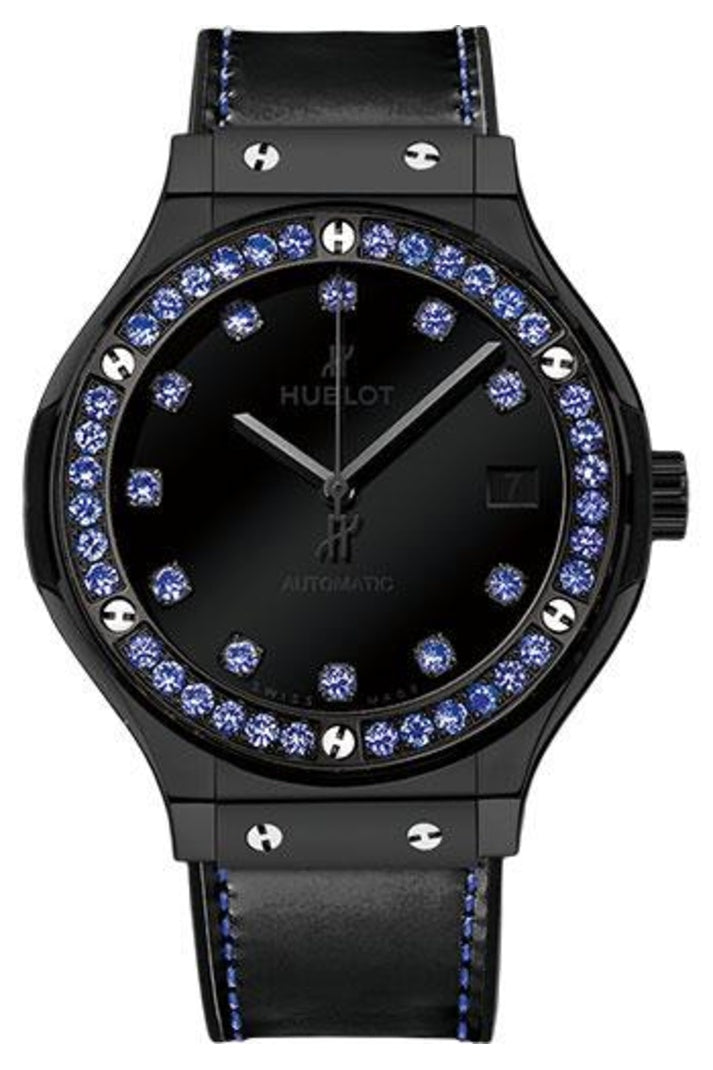 Hublot Classic Fusion Shiny Ceramic Blue Sapphire, 38mm Black with 11 blue sapphire hour markers dial, Black rubber and glossy black calf leather with blue stitching, ref 565.CX.1210.VR.1201