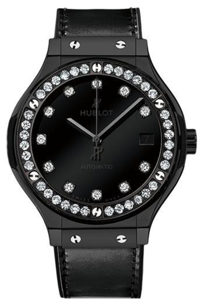 Hublot Classic Fusion Shiny Ceramic Diamonds, 38mm Black with 11 diamond hour markers (approx. 0.20 ct) dial, Black rubber and glossy black calf leather with blue stitching, ref 565.CX.1210.VR.1204
