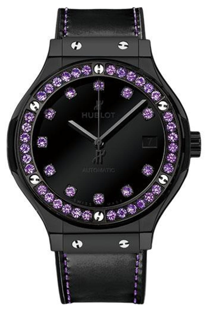 Hublot Classic Fusion Shiny Ceramic Amethyst, 38mm Black with 11 amethyst hour markers dial, Black rubber and glossy black calf leather with blue stitching, ref 565.CX.1210.VR.1205