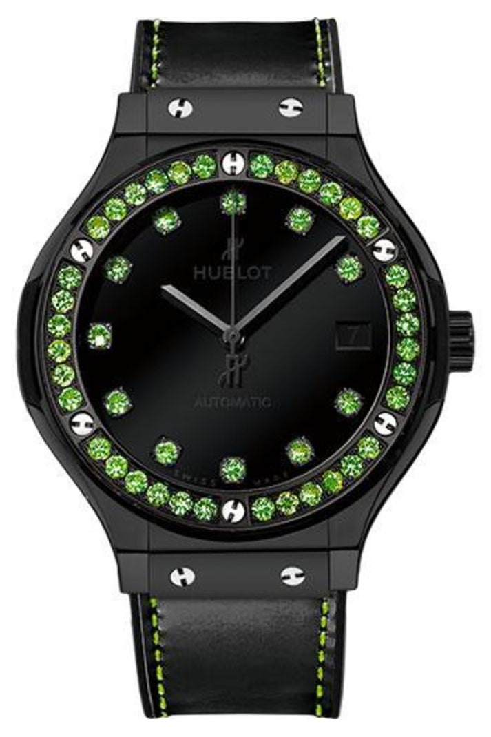 Hublot Classic Fusion Shiny Ceramic Tsavorite, 38mm Black with 11 tsavorite hour markers dial, Black rubber and glossy black calf leather with blue stitching, ref 565.CX.1210.VR.1222