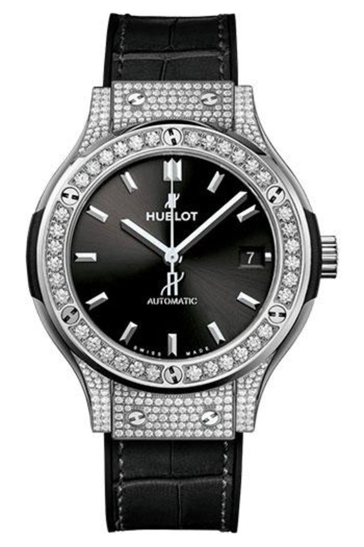 Hublot Classic Fusion Titanium Pavé 38mm Matte black dial Black rubber and alligator leather reference 565.NX.1470.LR.1604