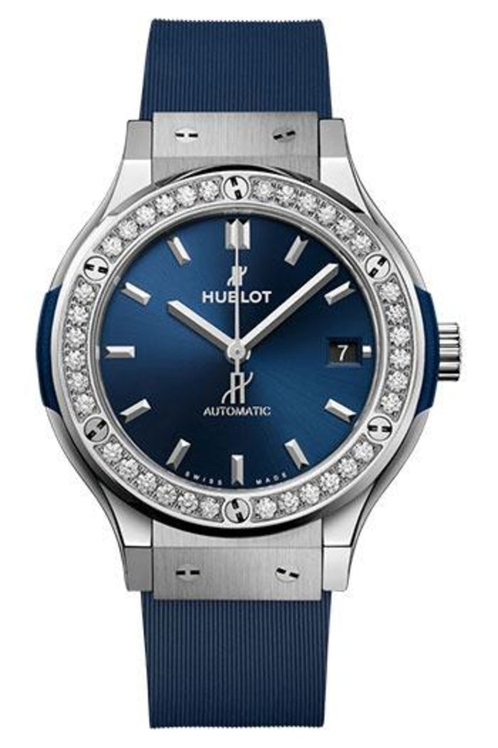 Hublot Classic Fusion Titanium Blue Diamonds, 38mm Blue sunray dial, Blue lined rubber, ref 565.NX.7170.RX.1204