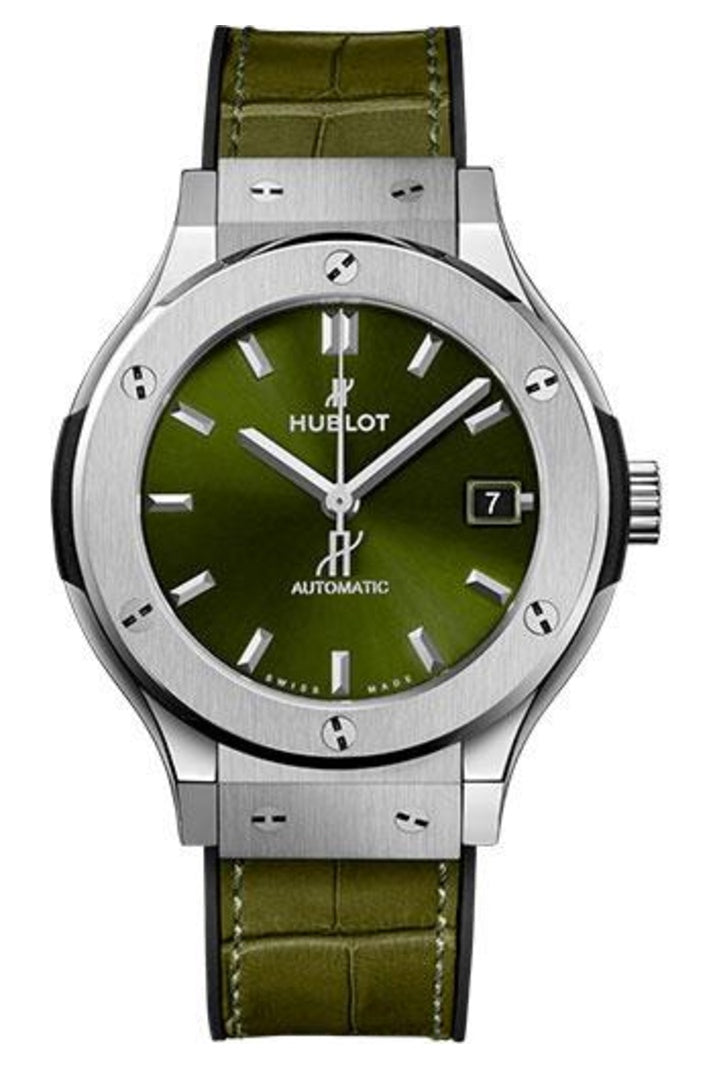 Hublot Classic Fusion Titanium Green 38mm Green sunray dial Black rubber and green alligator leather reference 565.NX.8970.LR