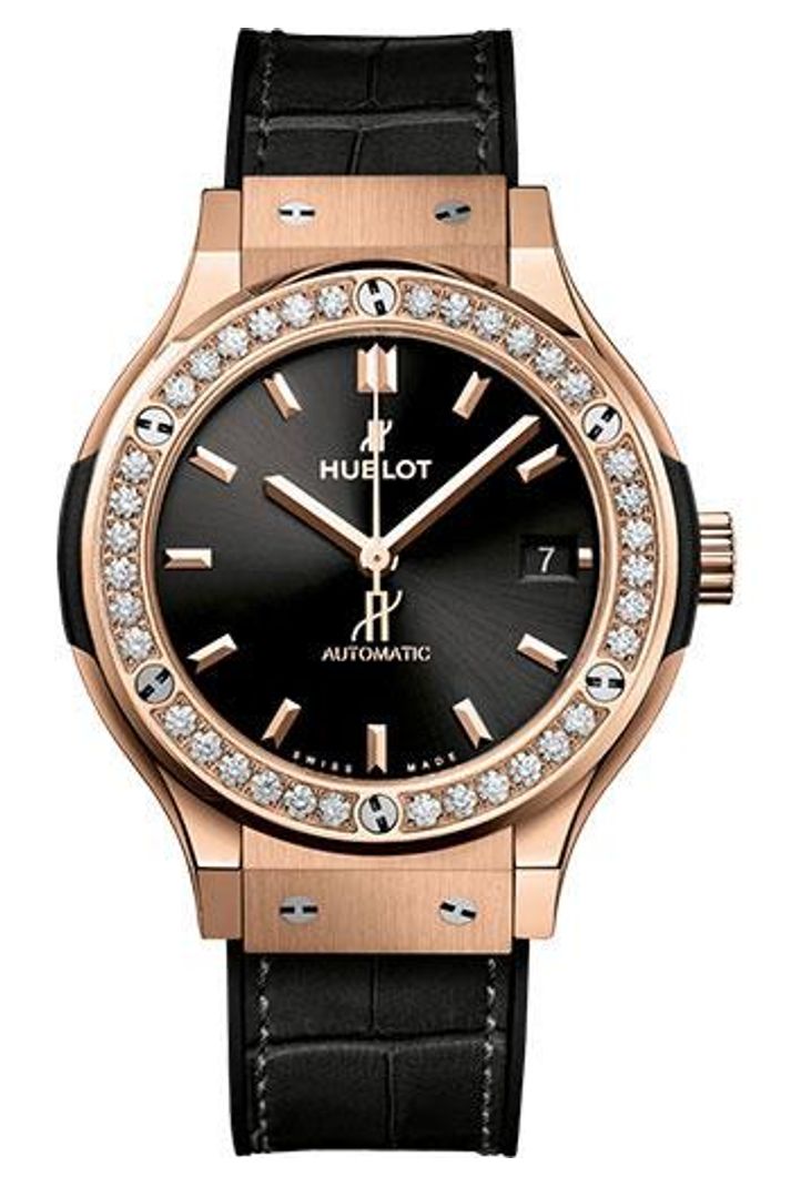 Hublot Classic Fusion King Gold Diamond Bezel 38mm Matte black dial Black rubber and alligator leather reference 565.OX.1480.LR.1204